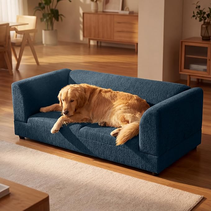 Oversized Dog Sofa Couch for Medium and Large Dogs with Backrest and Armrest, 56.5" Memory Foam Dog Sofa Bed, Modern Elevated Pet Couch Bed with Legs, Blue
