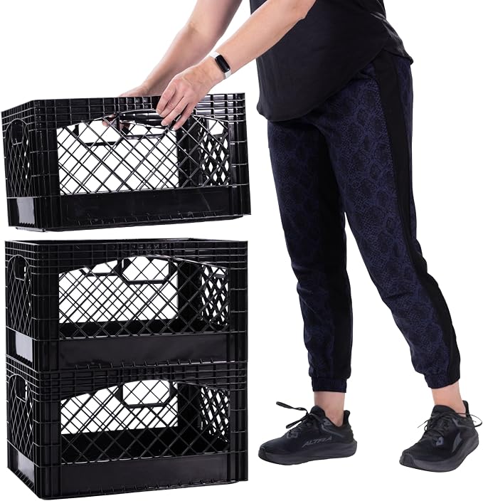 Rectangular Plastic Milk Crate Storage Tote with Handles, 24-Quart Stackable Organizer for Garage, Home, and Office, Made in the USA, 19" x 13" x 11" (3-Pack) - Black
