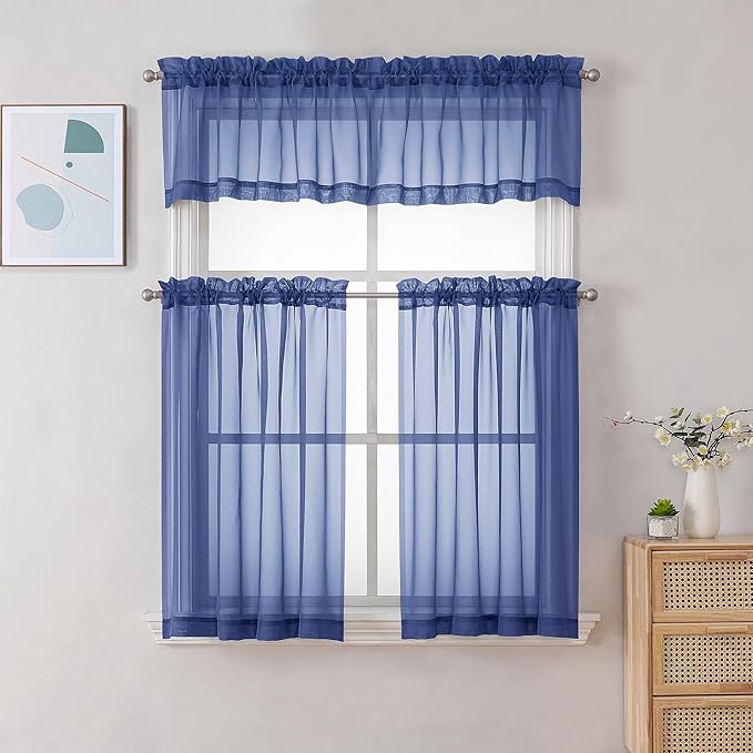 Gwine Royal Blue Sheer Curtain Tiers 24 Inch Length, Light Filtering Voile - Image 2