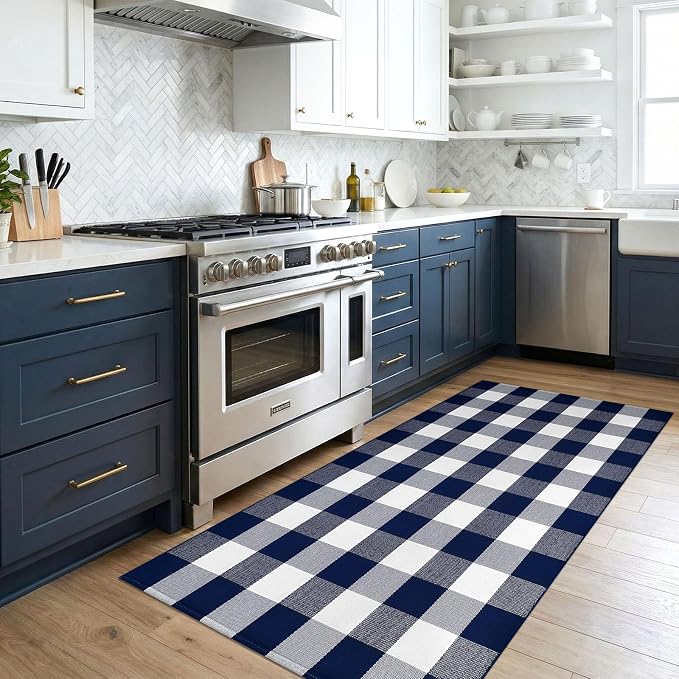 KOZYFLY Buffalo Plaid Area Rugs 3x5 ft Blue and White Washable Front Door Mat Woven Cotton Indoor Outdoor Rug for Front Porch Kitchen Entryway Patio Farmhouse Checkered Doormat