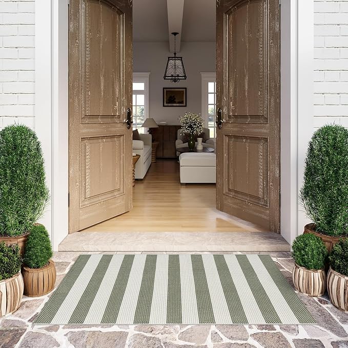 LEEVAN Outdoor Patio Rug 3x5, Washable Striped Front Porch Mat, Spring Colorful Outside Entryway Rug, Woven Welcome Doormat Green and White Buffalo Backyard Layered Mat for Entrance/Go Away/Deck