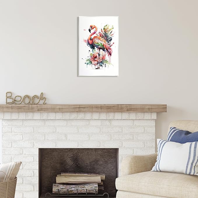 Modern Splash Flamingo Floral, 13 x 19 Inch Mounted Print on Wall Plaque | Stupell Industries · By LSR Design Studio · Ready to hang · Tropical floral charm for any room · Made in USA