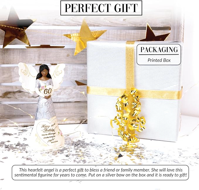 Pavilion Gift Company - Happy 60th Birthday - 6" Ebony African American Angel Figurine Religious Best Friend Bestie BFF God Jesus Lover Christian Christ Gift Present