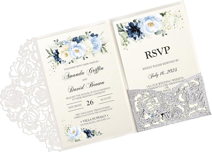 DORIS HOME 50Pcs Personalized Laser Cut Wedding Invitations, Silver Glitter | 4.7"x7.1", Customized Anniversary Invitations, With Envelopes