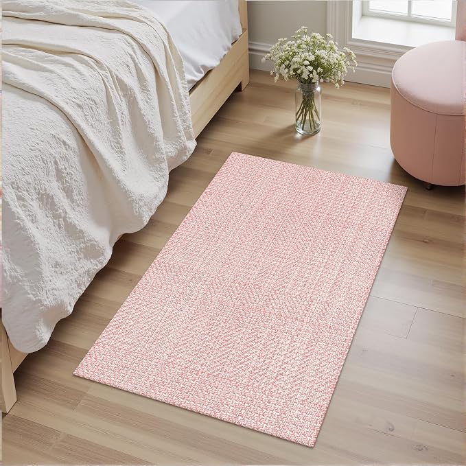 Rugalia Pink Woven Indoor Outdoor Doormat, 2x3 Washable Cotton Small Entryway Rug Low Pile Non-Slip Kitchen Rug, Modern Farmhouse Natural Throw Rug for Porch Bathroom Entrance Bedroom