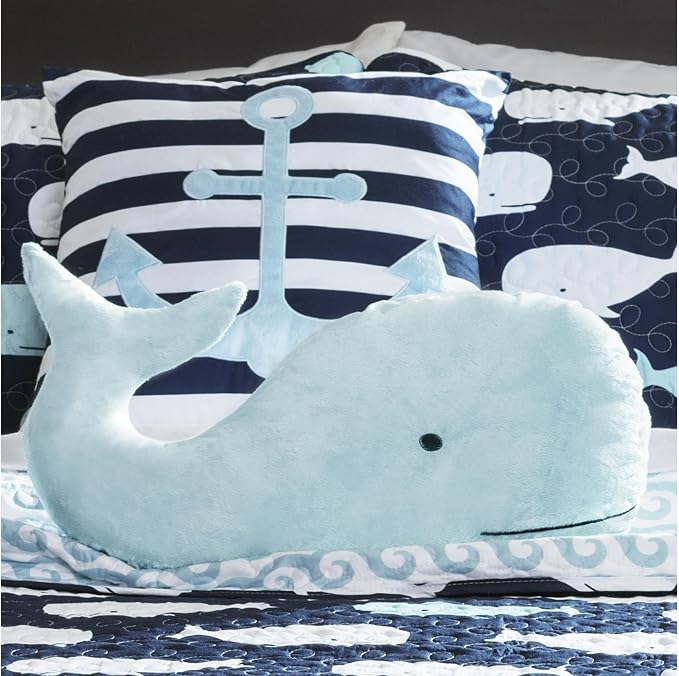 Lush Decor Whale Kids Reversible 4 Piece Quilt Bedding Set with Sham and Decorative Throw Pillows, Twin, Navy