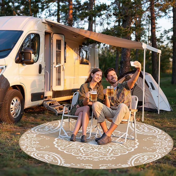 Pauwer Outdoor Rug 8ft, Waterproof Plastic Straw Camping Rug, Boho Brown | Reversible Patio Rug, UV Resistant Indoor Outdoor RV Mat Carpet For Deck, Camper, Porch, Balcony, Backyard, Picnic, Foldable