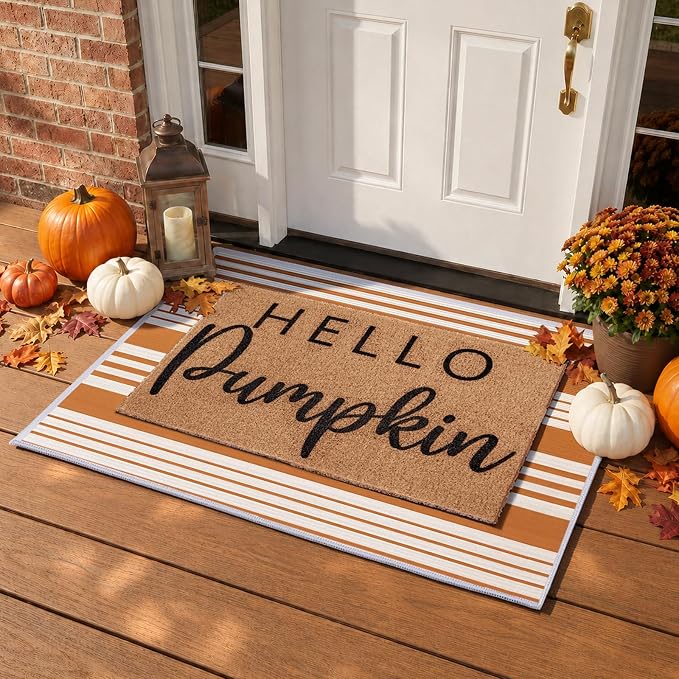 2pcs Fall Hello Pumpkin Doormats Layered Autumn Front Porch Welcome Mat and Striped Crystal Velvet Layering Rug Non Slip Outdoor Entryway Flooring Decor for Thanksgiving