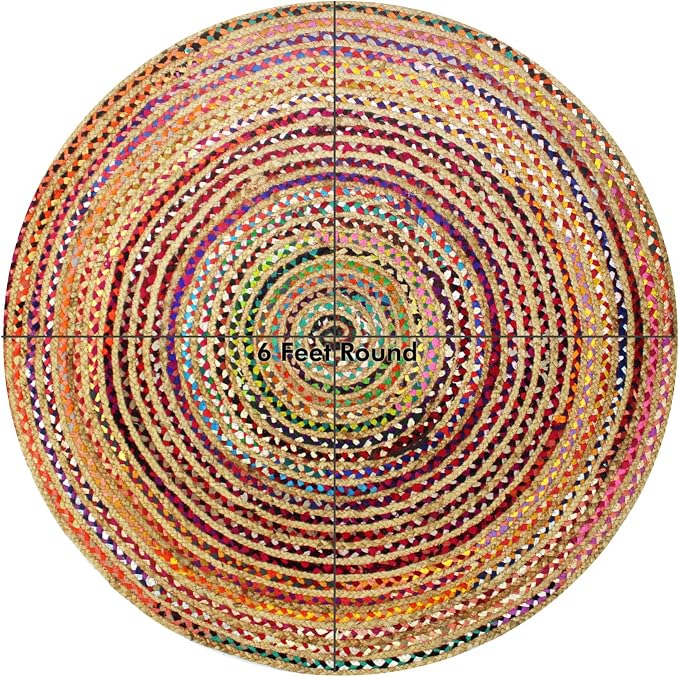 COTTON CRAFT Jute Chindi Braid Rag Rug - Boho Farmhouse Rustic Area Accent Throw Rug - Handwoven Reversible Natural Recycled Cotton - Living Room Den Study Home Décor Gift - 6 Feet Round - Multi Color