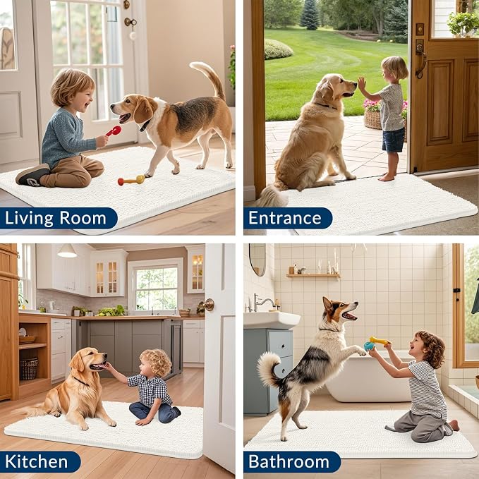 Smiry Dog Door Mat for Muddy Paws 36x24, Absorbent Dirt Trapper, Non-Slip Washable Chenille Entryway Rug for Inside Floor, Ivory, Classic Solid