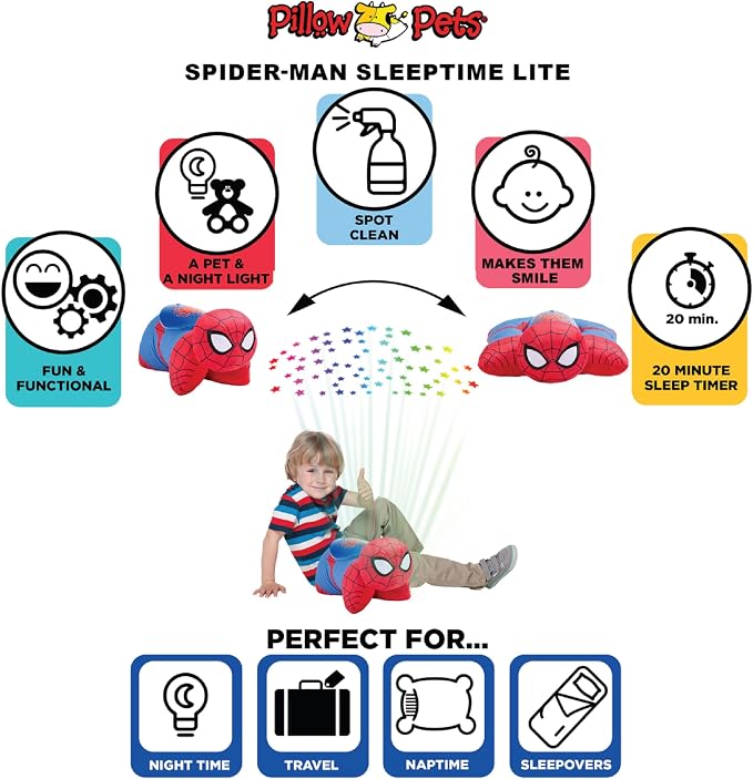 Pillow Pets Marvel Spider-Man, 11" Sleeptime Lite | Plush Pillow and Night Light in One, Projects Rainbow Stars, 3 Light Modes, 20-Minute Auto-Off Timer, BPA Free