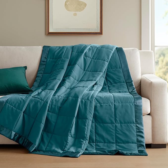 Madison Park Down Alternative Queen Blanket for Bed, Satin Trim, Teal | Lightweight Windom Blanket Full Size Premium 3M Scotchgard Moisture Wicking Treatment, OEKO TEX, Soft Bed Cover, All Season