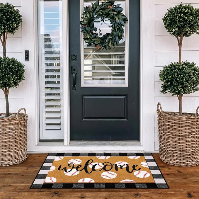 Tinideya 2 Pcs Door Mat Welcome Non Slip Coir Mats Floor Layering Doormats Seasonal for Front Porch Entryway Decor(Baseball)