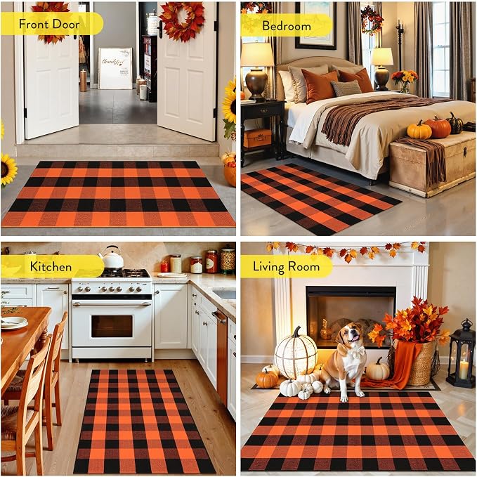 Uphome Bufflo Plaid Outdoor Rug 3'x5', Fall Decor Checkered Front Door Mat, Halloween Indoor Outdoor Porch Rug for Layered Door Mats, Washable Farmhouse Black/Orange Area Rugs for Patio Entryway