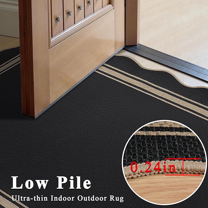 Easy Jute Kitchen Rug 2x3 Front Door Mat Washable Non Slip Entryway Rug Farmhouse Neutral Low Pile Black Scalloped Rugs for Entryway Proch Doorway
