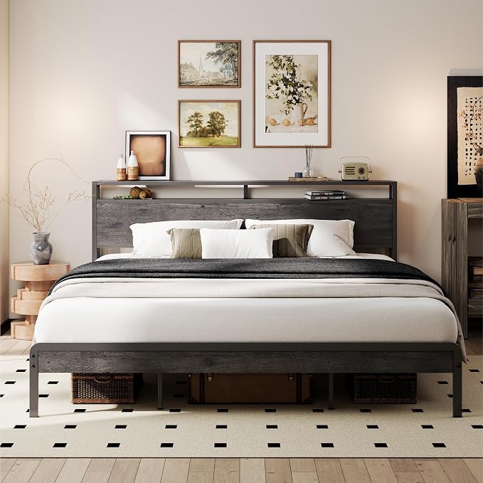 LIKIMIO California King Bed Frames with 2-Tier Storage Shelf Headboard | Dark Wood Platform Bed, Camas California King with Strong Metal Supports, Sturdy, Noise-Free, No Box Spring Needed, Grey