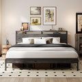 LIKIMIO California King Bed Frames with 2-Tier Storage Shelf Headboard | Dark Wood Platform Bed, Camas California King with Strong Metal Supports, Sturdy, Noise-Free, No Box Spring Needed, Grey