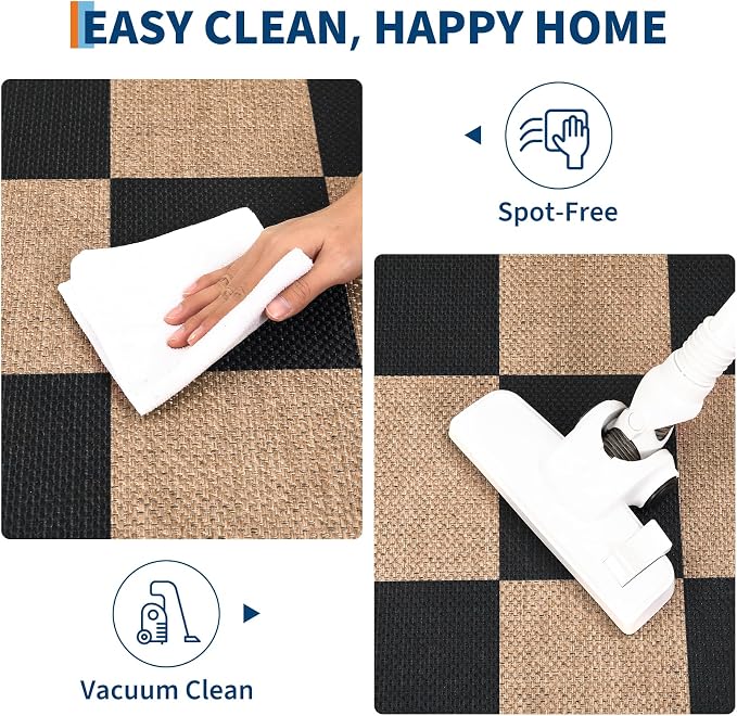 GarveeHome Checkered Easy Jute Runner Rug 2x6 Non-Slip Machine Washable Stain Resistant Indoor Outdoor Rugs for Living Room, Bedroom, Kitchen, Dining, Patio - Farmhouse Style Black Tan
