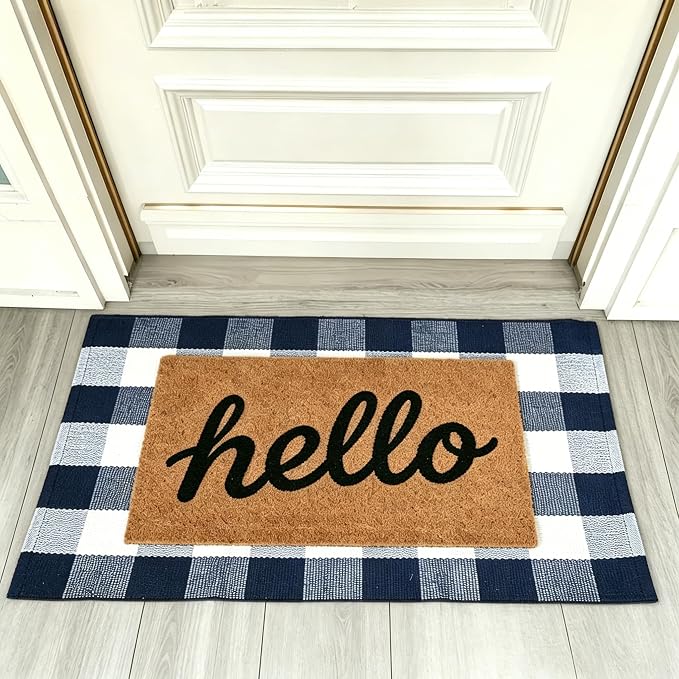 Buffalo Plaid Outdoor Rug 27.5" x 43" Navy Blue and White Checkered Area Rug Washable Doormats Indoor Outdoor Rugs for Layered Front Door Mats, Porch, Entryway, Kitchen, Farmhouse