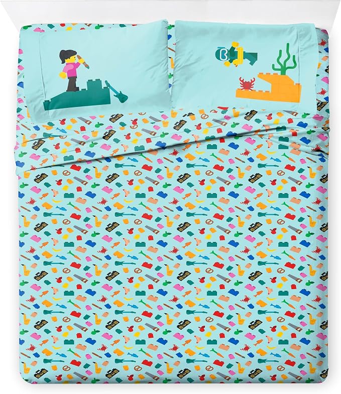 LEGO® Blocks Full Comforter Set 7 Piece Soft Kids Bedding, White | Bed in a Bag, Comforter Sheets Shams Pillowcases, Official Product, Soft Microfiber, Machine Washable Easy Care, Kids Gift