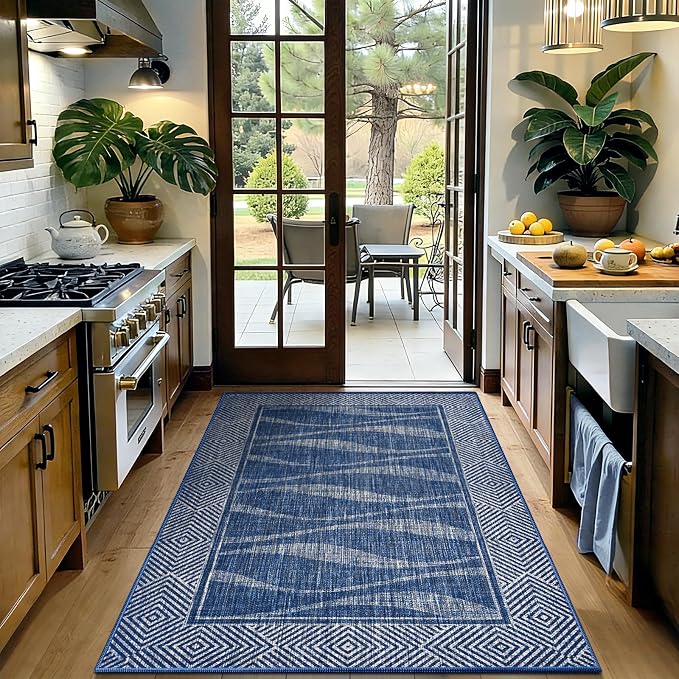 Jute Rug 3x5 Outdoor Patio Rug with Border, Washable Rugs for Entryway Porch, Farmhouse Non Slip Area Rugs with Rubber Backing, Non Shedding Carpet for Indoor Outdoor Bedroom, Courtyard, Blue