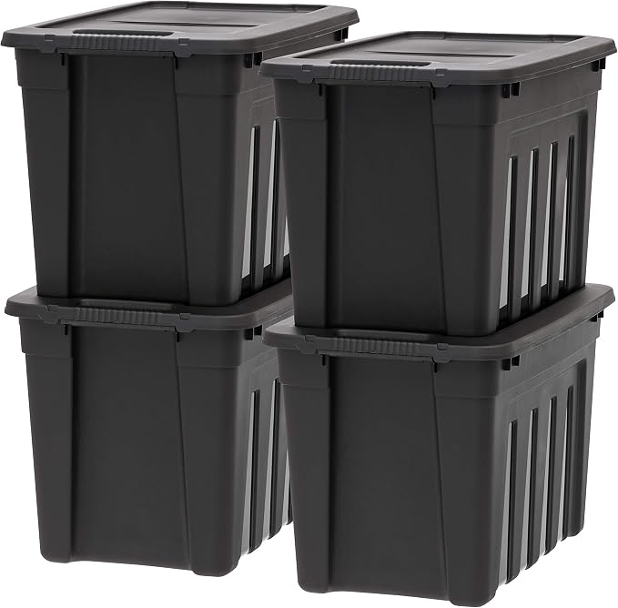 IRIS USA 4-Pack 20 Gal Heavy Duty Storage Totes with Lids, Black | Heavy-duty design with easy-grip handles for comfortable carrying, Great for tools, garage organization, camping gear