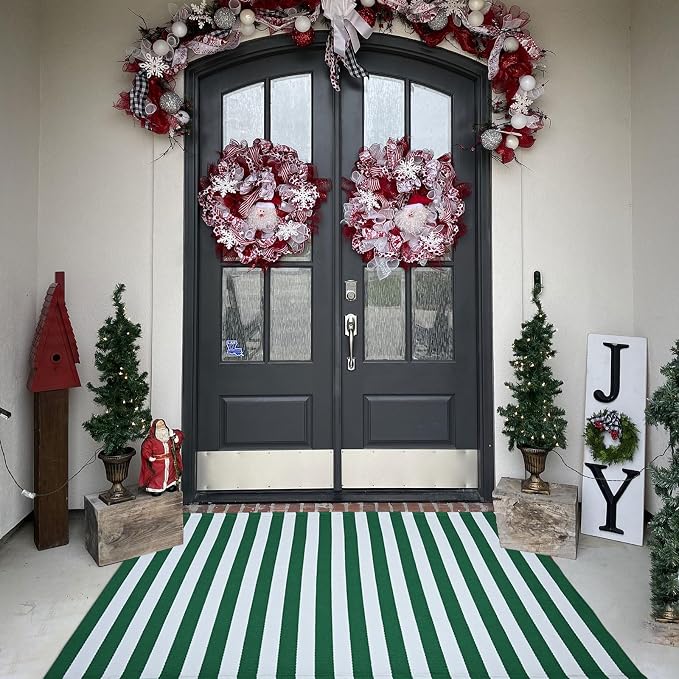 Green & White Striped Rug, 3' x 5' Indoor/Outdoor Area Rug for Front Porch, Entryway, Machine Washable Cotton Woven Welcome Door Mat