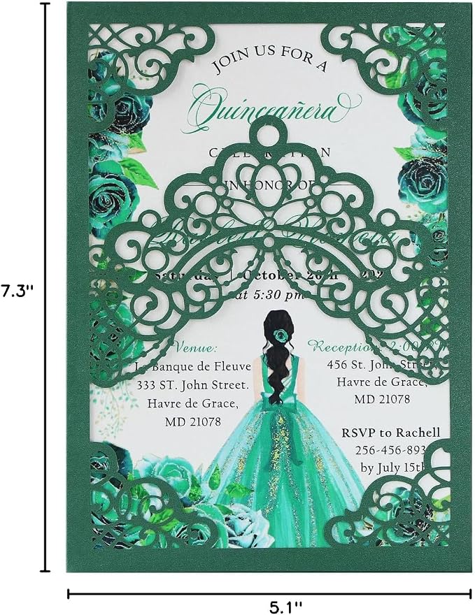 Hosmsua 50PCS Blank Emerald Green Crown Quinceanera Invitations with Envelopes, 5.1x7.3 Inch Laser Cut Floral Pocket Invitation Cards for Quinceanera Birthday Quince Anos Invite