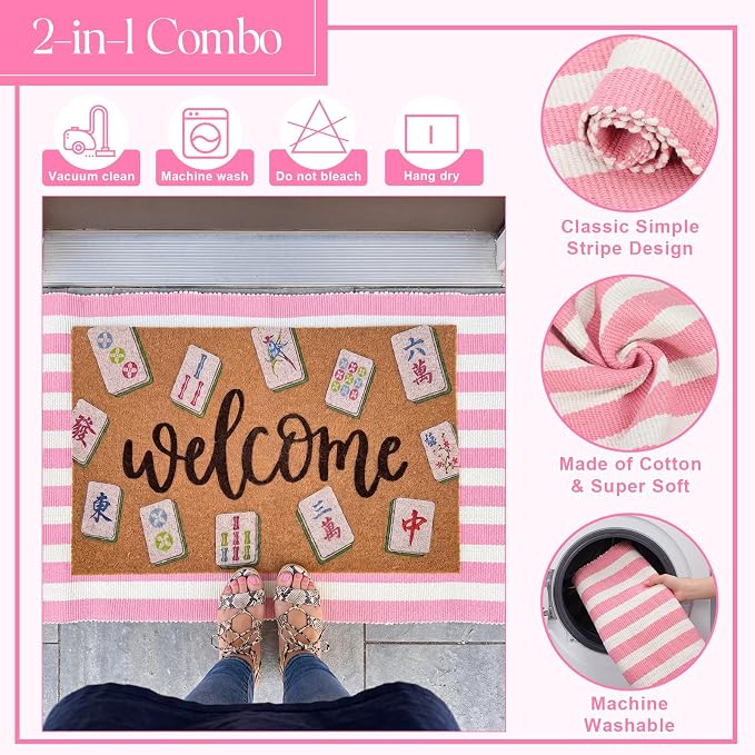 2 Pcs Outdoor Door Mat Combo Set Layered Outdoor Rug and Coir Welcome Doormat Non Slip Outside Floor Mat for Front Porch Entryway Patio Yard Decor(Mahjong,24'' X 51',18'' X 28'')