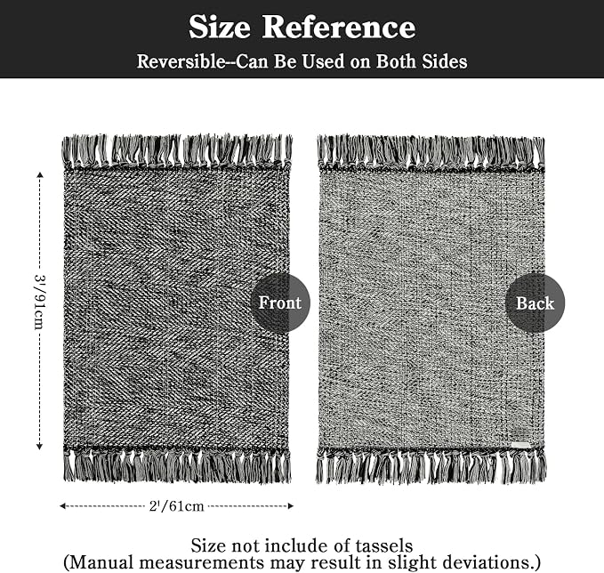 Collive Black Bathroom Rug, 2' x 3' Hand-Woven Washable Small Kitchen Rugs, 45% Cotton, 45% Polyester, 10% Viscose - Cotton Reversible Entryway Rug Modern Farmhouse Carpet for Foyer Bedroom Back Door