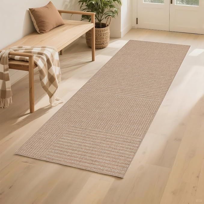 Non-Slip Jute Rug for Entryway: 2x6 Outdoor Mat - Beige Stripes | Safe Walking for Family All Day and Help with Cutting Slip Falls by 70%