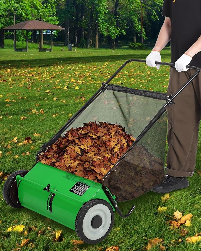 Garvee 21 Inch Push Lawn Sweeper, 3.5 Cu. Ft. Hopper Capacity Grass Sweeper, Manual Push Yard Sweeper with Height Adjustment & 4 Fast Spinning Brushes for Grass Clippings, Leaves & Debris, Green