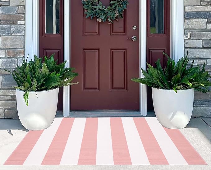 Striped Area Rug 27.5"x43",Pink White Farmhouse Front Porch Rug Cotton Woven Washable Entryway Rug Indoor Outdoor Front Door Mat for Porch/Entryway/Home Entrance Decor
