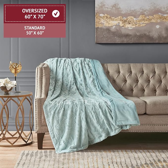 Madison Park Zuri Faux Fur Reversible Throw Blanket, 50 x 60 in, Aqua | Oversized Soft Plush, Luxury, Animal Stripes, Mink Reverse, Modern, All Season, for Bed Sofa Couch, OEKO-TEX Certified