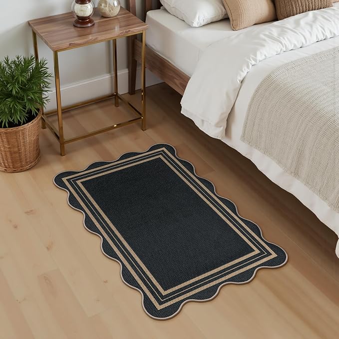 Easy Jute Black Entryway Rug, 2x3 Front Door Mat Washable Non Slip Small Kitchen Rug, Indoor Outdoor Farmhouse Scalloped Doormat for Porch Bathroom Doorway