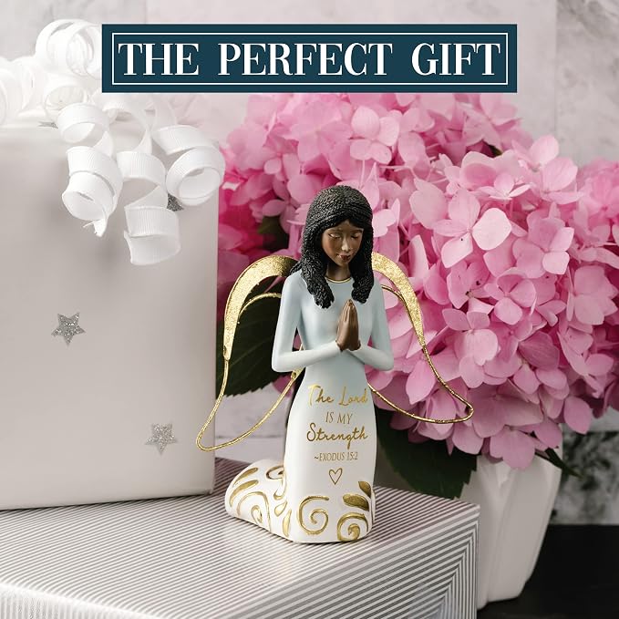 Pavilion Gift Company The Lord is My Strength Exodus 15:2-5.25 Inch African American Kneeling Praying Collectible Resin Angel Figurine, Blue