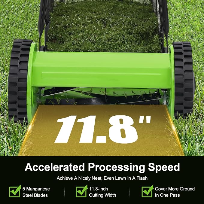 12in 5-Blade Push Reel Lawn Mower Manual Lawn Mower, Walk-Behind Lawn Mower with 6 Gallons Grass Catcher, 0.47-1.77 inches Manual Adjustable Cutting Height, for a Green Healthy Lawn (Green, 12in)