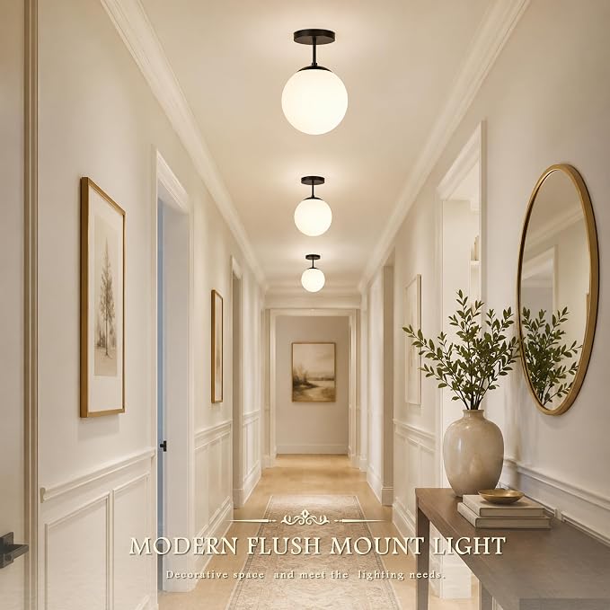 Globe Semi Flush Mount Ceiling Light, Mid Century Modern Light Fixture Ceiling, Milk Glass with Matte Black Finish, Living Room Kitchen Bedroom Hallway Storage Schoolhouse Laundry(LED Bulb Incl.)