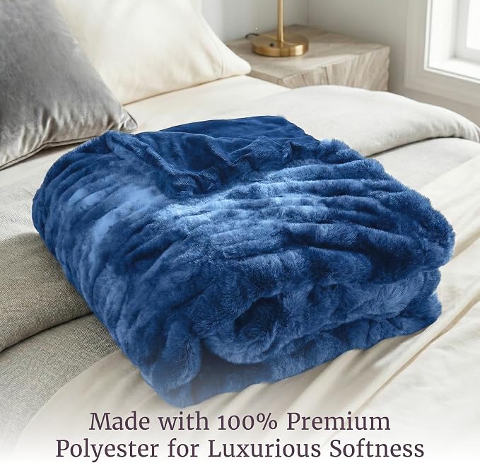Lavish Home Oversized Ruched Faux Fur Blanket, Blue, 60” x 80” | Plush Polyester Faux Fur Queen-Size Throw for Sofas and Beds - Luxurious Bedding