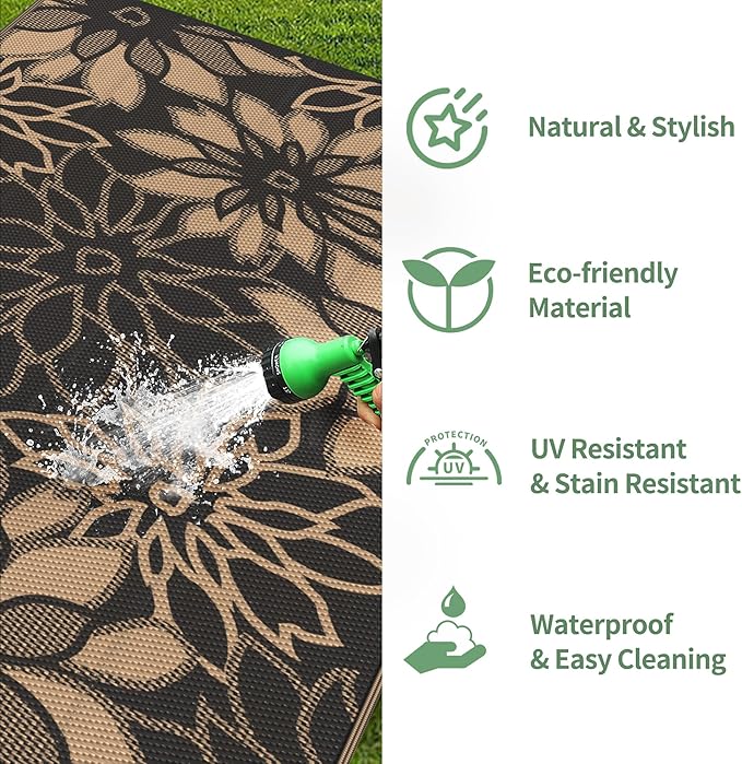 GENIMO Outdoor Rug, Waterproof Plastic Rugs for Patio, 8'x10' Onyx Brown | Outside Larger Leaf Carpet Mat for Porch Decor, Deck, Balcony, Camping, RV, Backyard, Picnic, Beach, Reversible, Foldable