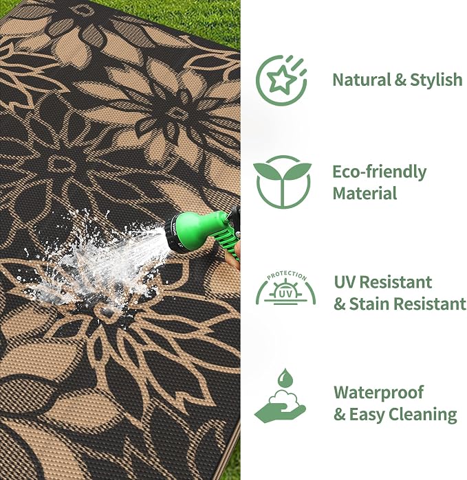 GENIMO Outdoor Rug, Waterproof Plastic Rugs for Patio, 6'x9' Walnut Black | Outside Larger Leaf Carpet Mat for Porch Decor, Deck, Balcony, Camping, RV, Backyard, Picnic, Beach, Reversible, Foldable