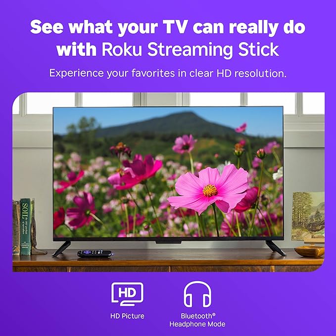 Roku Streaming Stick HD with Voice Remote | Compact 4K Streaming Device for TV with Roku Voice Remote & Long-Range Wi-Fi - Free & Live Local News, Sports