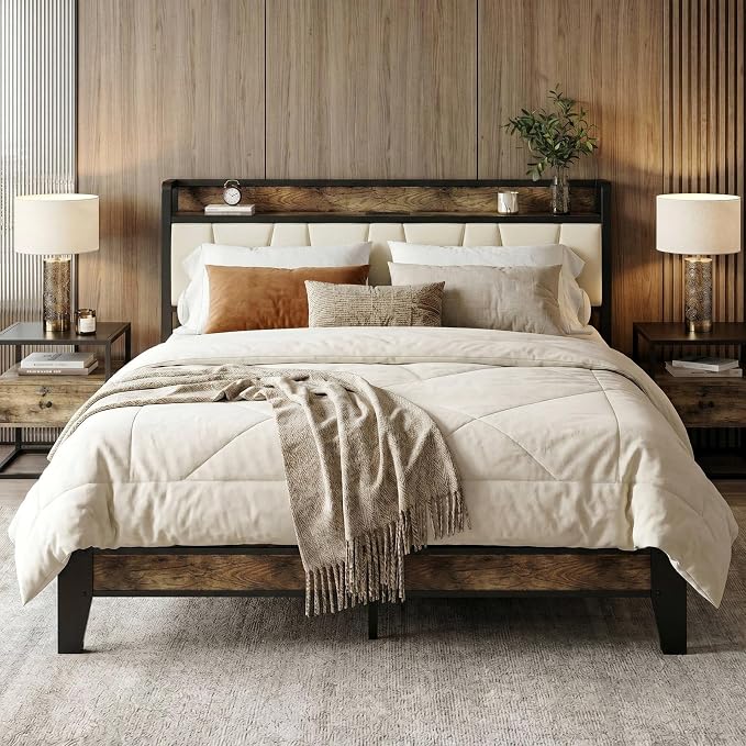 LIKIMIO Queen Bed Frame, Storage Headboard with Charging Station, Solid and Stable, Noise Free, No Box Spring Needed, Easy Assembly (Walnut and Beige)