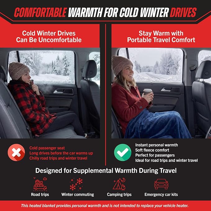 Heated Car Blanket - 12V Electric Travel Blanket for Car, Truck, SUV or RV - Portable Heated Throw for Road Trips, Camping or Winter Emergency Kit for Cold Weather Travel by Stalwart (Navy)