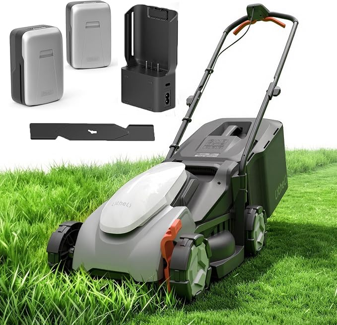 Litheli 14 Inch Cordless Lawn Mower, Brushless Electric Push Mower with 2x5.0Ah Batteries, 5-Position Height Adjustment, 9-Gallon Grass Catcher for Garden Yard Farm