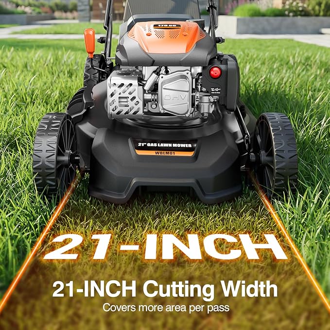 21" Lawn Mower Gas Self Propelled 170CC 4-in-1 Gas Lawnmower with Bag | Mulch/Rear Bag/Side Discharge/Rear Discharge, 7-Position Cutting Height, Foldable Handle for Garden Backyard