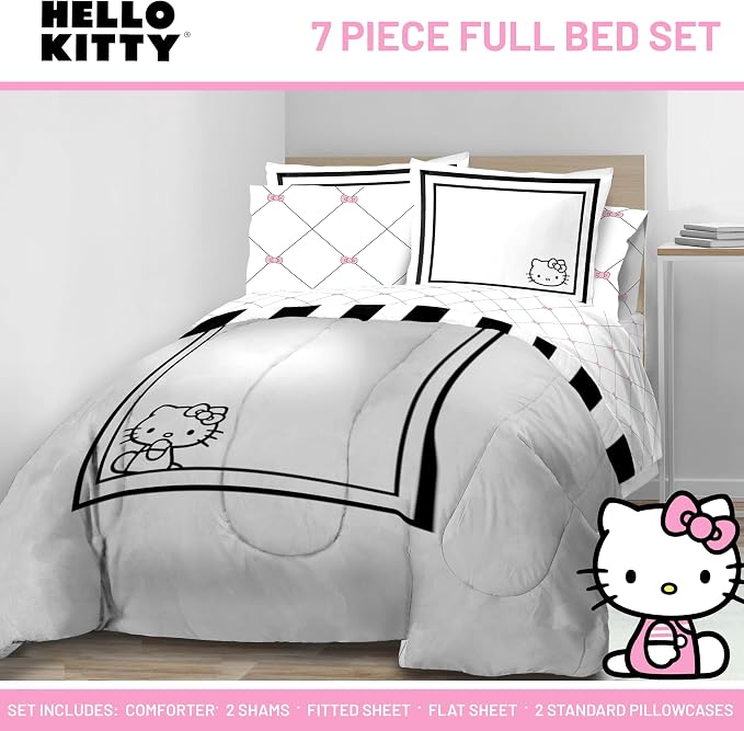 Sanrio Hello Kitty Full Comforter Set 7 Piece Bedding for Girls, White | Bed in a Bag, Comforter Sheets Shams Pillowcases, Official Product, Soft Microfiber, Machine Washable, Girls Gift