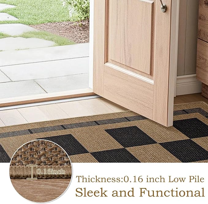5x7 Checkered Jute Outdoor Rugs, Washable Rug for Living Room Bedroom Patio | Modern Indoor Carpet, Non Slip Farmhouse Design Neutral Geometric Office Porch Balcony Dining Room Mat, Black and Brown
