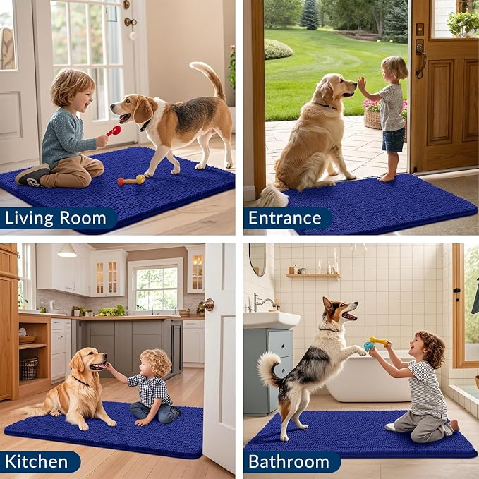 Smiry Dog Door Mat for Muddy Paws 59x24, Absorbent Dirt Trapper, Non-Slip Washable Chenille Entryway Rug for Inside Floor, Navy Blue, Classic Solid