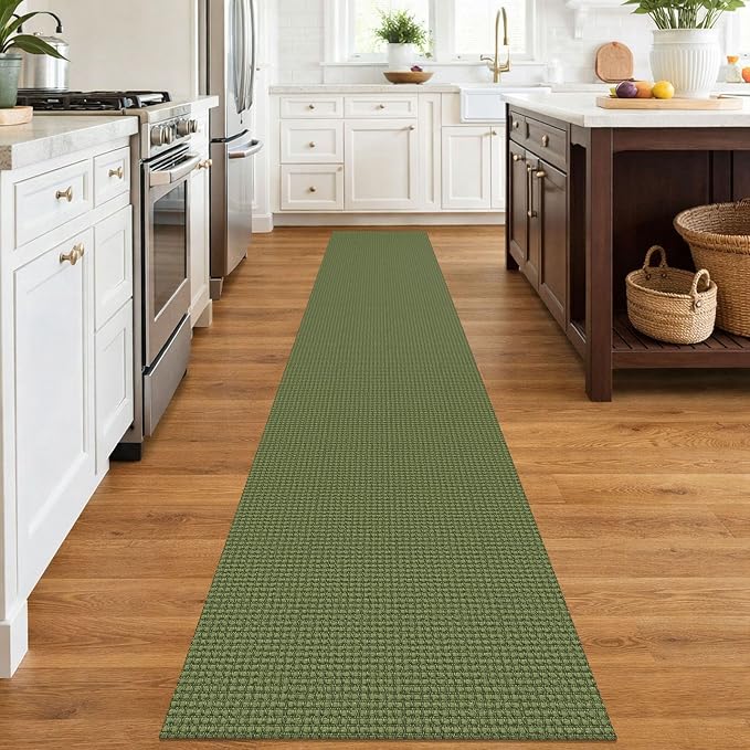 IOHOUZE Washable Runner Rug 2x12 Non Slip Rubber Backed Extra Long Hallway Runner Entryway Runner Indoor, Kitchen Rugs Woven Cotton Floor Carpet for Hall Entrance, Olive Green/Earthy Green